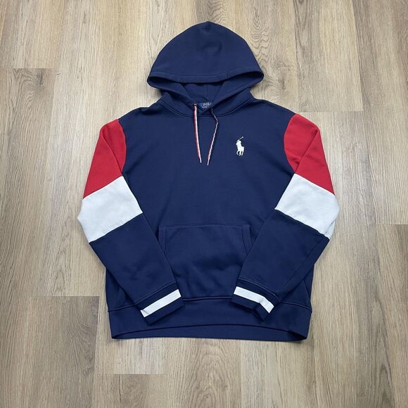 Polo Ralph Lauren Hoodie Mens Large Navy Red White Colorblock 1967 Flag Pony - Picture 1 of 13